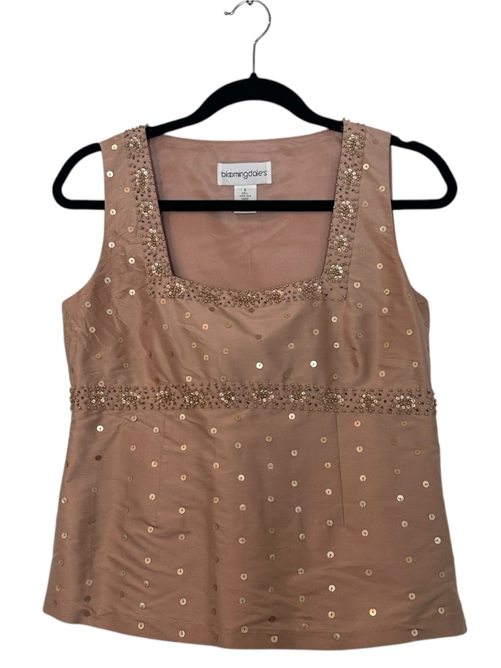 Bloomingdale's VTG 100% Silk Beaded Sequin Tank Top Blush Pink Rose Gold SZ 6